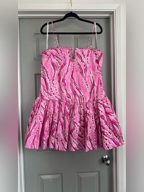 Aje Pink Marble-Print Spaghetti Strap Dress